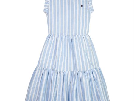 Tommy Hilfiger Striped Hemp Ruffle Kjole Medium Blue Stripe on Sale